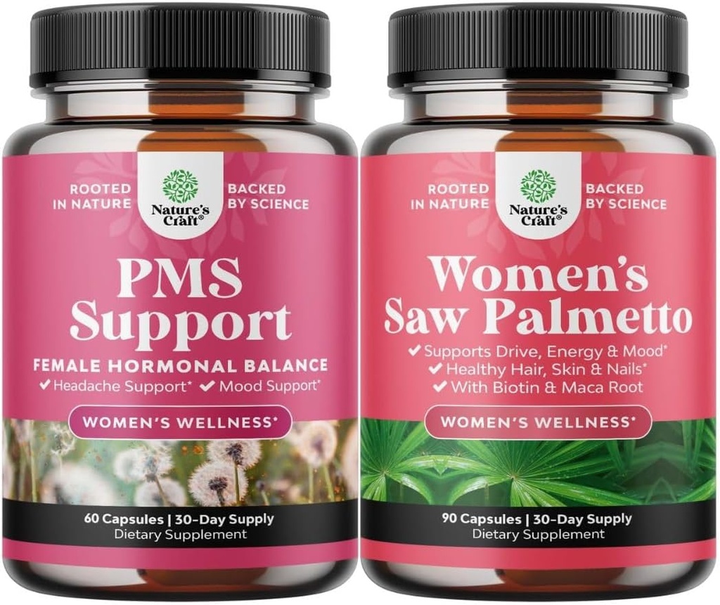 Bundle of PMS Support and Saw Palmetto for Women - Hormonų balansas su DIM, Chasteberry, Black Cohosh & Ashwagandha už laikotarpį Cramms ir Saw Palmetto ekstraktas su Maca Root & Biotin plaukų slinkimas