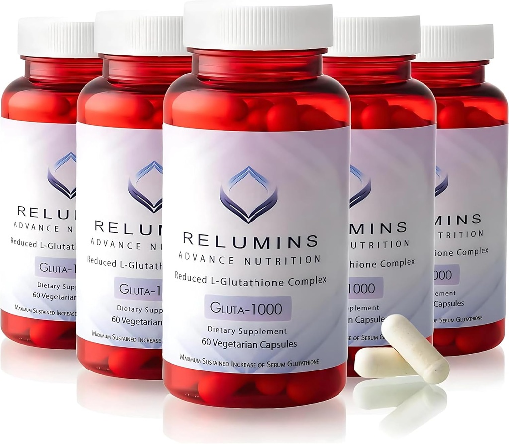 Relumins L Glutathione Supplement Complex - Reduced Glutathione 1000mg with Alpha Lipoic Acid & Rose HIPS Capsules for Nourished & Smoother Skin, 60 Caps x 5 Bottles