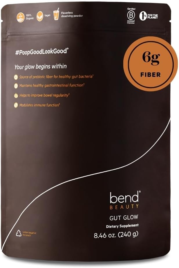 Lend Grožis Gut Glow 124; Kasdien Prebiotinio pluošto papildas Milteliai w / Tremella grybų Ekstraktas ® 124; Digestive Gut Health ® 124; 6g iš tiršto pluošto per Tarnauti ® 124; 100% Ekologiškas, Veganas, Cukrus Nemokamas Pluožys ® 124; Unflavored