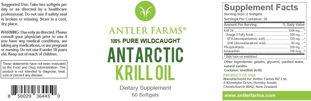 Antler Farms - 100% Pure Wild Caught Antarkties krilių aliejus iš Šaltojo, Prištinos Vandenys, 60 Softgels - Švarus, Omega-3 EPA + DHA priedas w / Astaxanthin, Rapid Absorption
