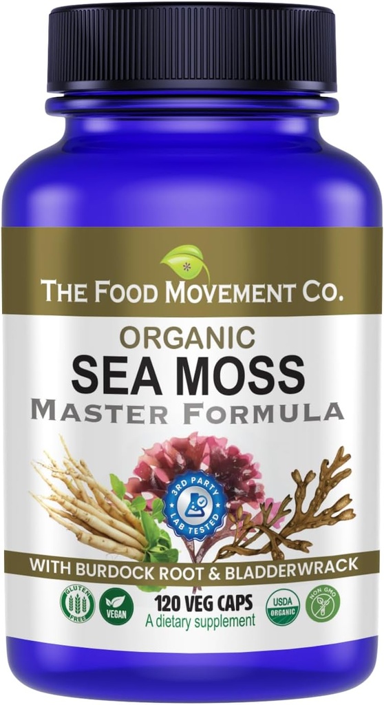 THE FOOD MOVEMENT CO. Sea Moss Master Formula with Burdock Root & Bladderwrack for Gut Health | Organic Vegan Supplement for Women & Men | Irish Sea Moss Blend for Optimal Well-Being (120)