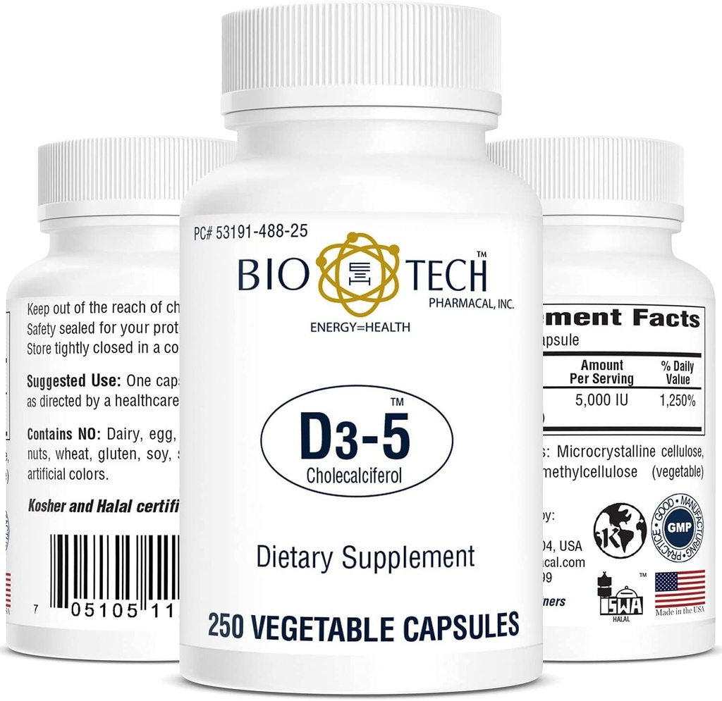 Biotechnologijų farmakologinis vitaminas D3 (D3-5 5k TV, 250 Vegų skaičius)