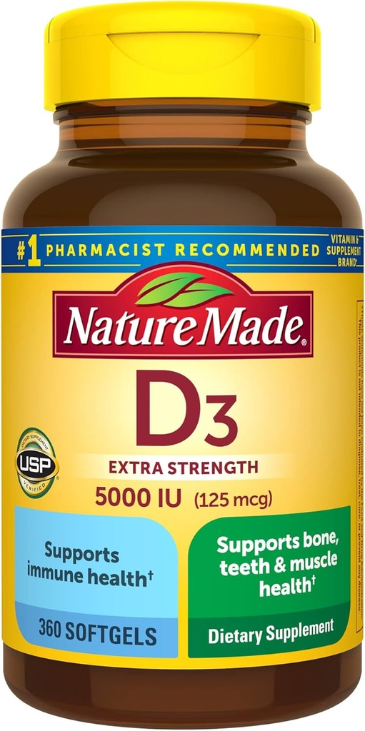 Nature Made Vitamin D3 5000 IU (125 mcg) Softgels, Extra Strength Vitamin D Supplement for Bone and Immune Health Support, 360 Count, 360 Day Supply