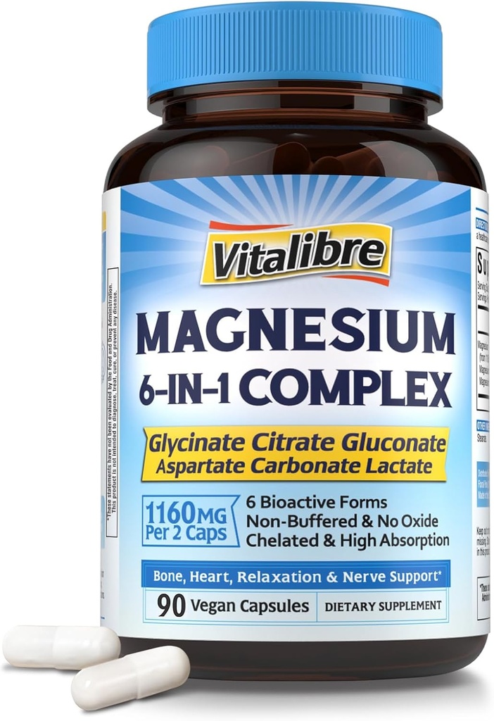Magnesium Complex Supplement 6 in 1, 1160mg Chelated Magnesium for Max Absorption, Help with Better Sleep, Relaxation & Nerve Calm, 90 Vegan Capsules, Non GMO & Gluten Free