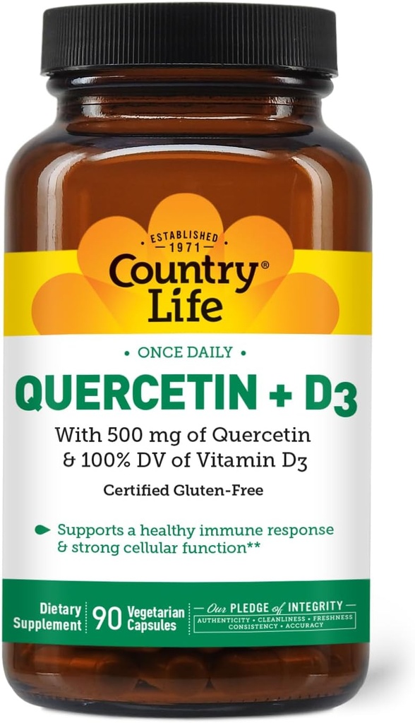 Country Life Quercetin 500 mg kapsulės su vitaminu D3 800 TV - Imuninės paramos priedas suaugusiems - Dienos imuniniai stiprintuvai - Quercetinas Imuninė sistema Boost, 90 kapsulių
