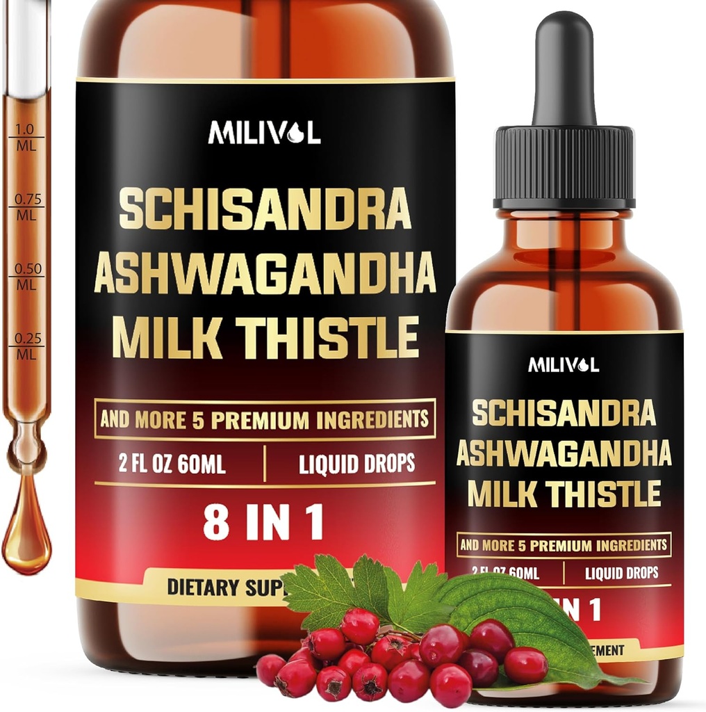 8in1 Schisandra Berry lašai su pieno Thistle, Ashwagandha, Rhodiola Rozea, Šventasis Bazilikas, Artichoke, Dandelion Root & Turmeric Curcumin - 2 Fl Oz 2 mėnesį tiekimo