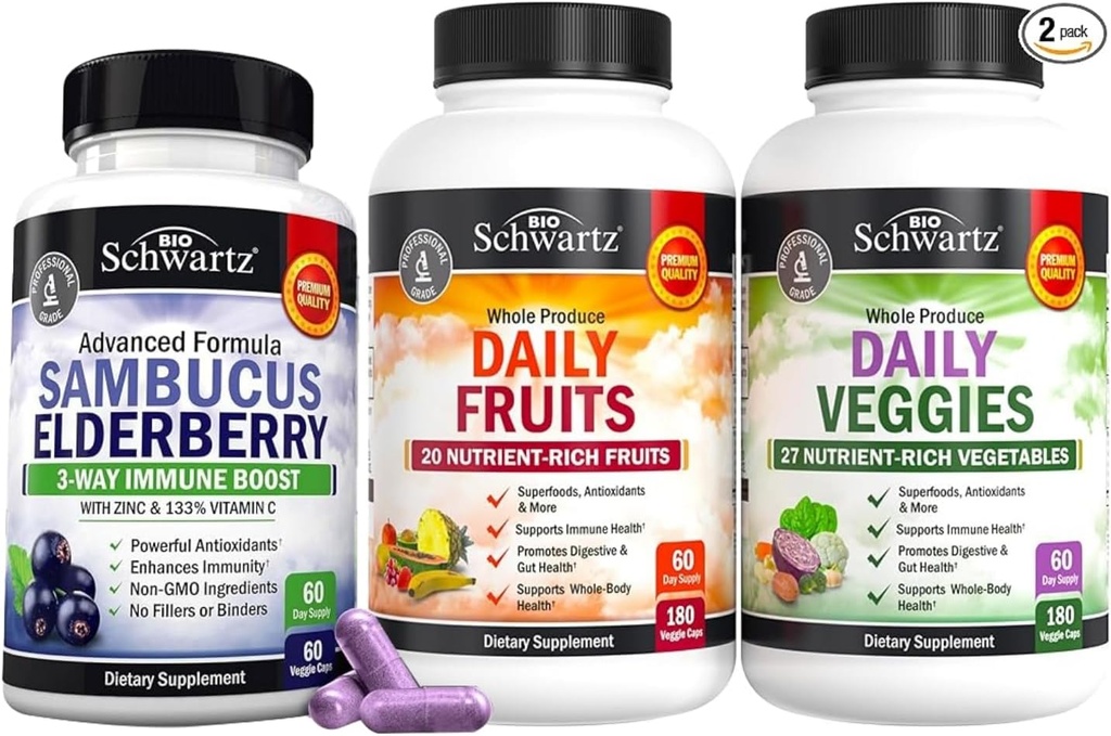 BioSchwartz Daily Fruits and Veggies Addition for Women and Men (2 mėnesių tiekimas) Plus Elderberry with Cinko and Vitaminas C for Suaugusiesiems Imuninė parama (2 mėnesių tiekimas)