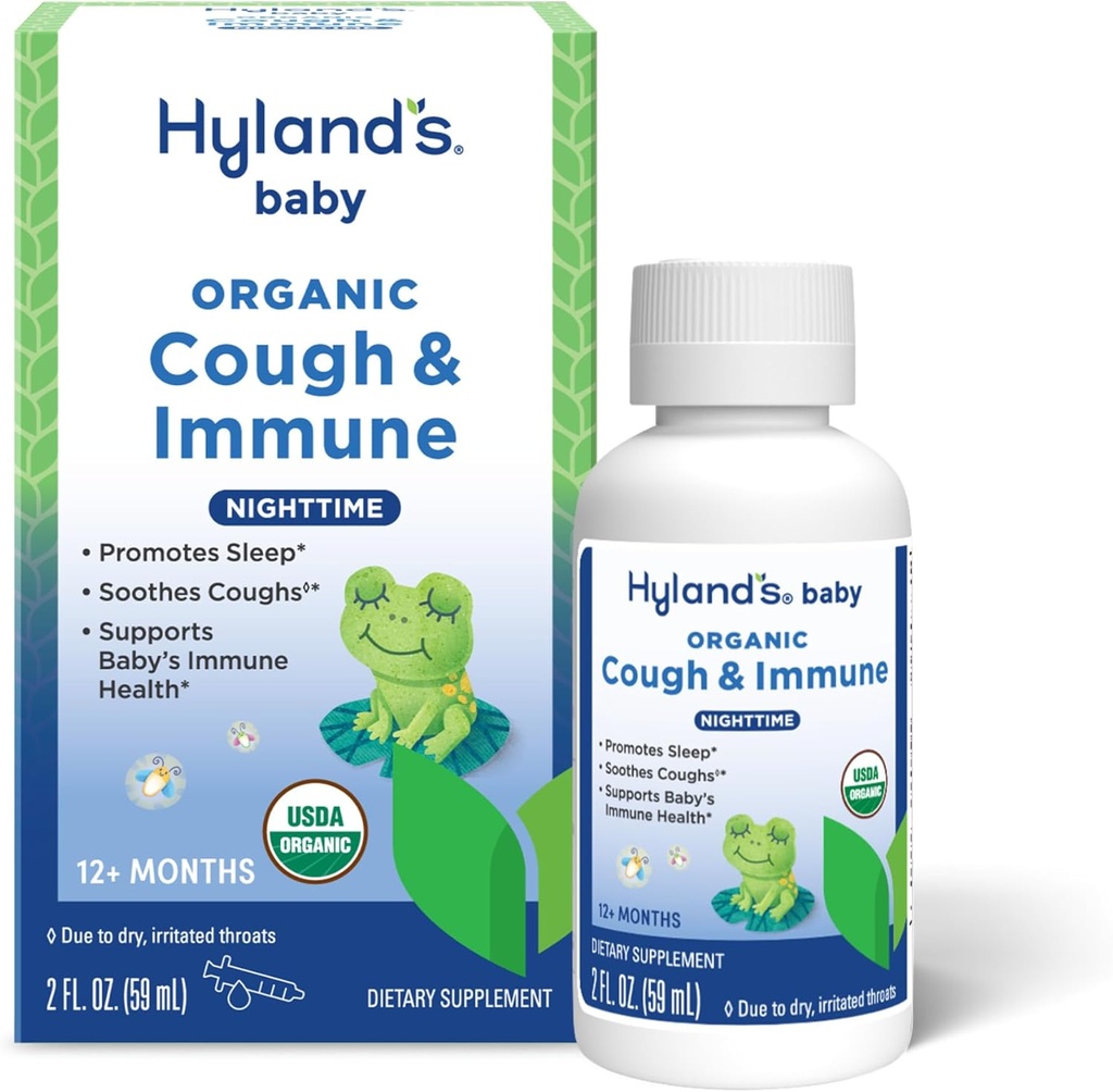Hyland's Baby Organic Cough Syrup and Immune Support with Agave, Elderberry and Pomegranate, Soothes Cough, and Supports Immunity, Nighttime, 2 Fl. Oz.