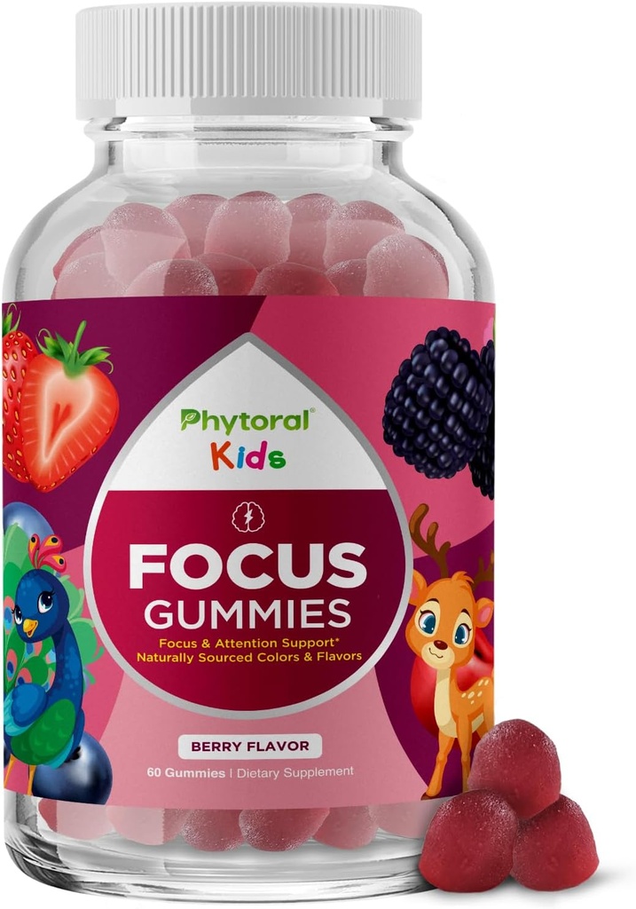 Phytoral Vegan Kids Focus Gummies - Potent Chewable Brain Support for Children - Enhances Concentration & Memory - Calming Supplements & Focus Gummies for Kids - Non-GMO & Gluten-Free - 60 Count