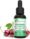 Organinis vitamino B kompleksas skysti lašai (angl. organic Vitaminai Complex Addition) su B3, B6, B7, B9 & Metil B12 lašai suaugusiems & vaikams (angl. Currency 124; Vegan Cherry Flavor 1oz) 124; 60 serveriai / 2 mėnesių tiekimas