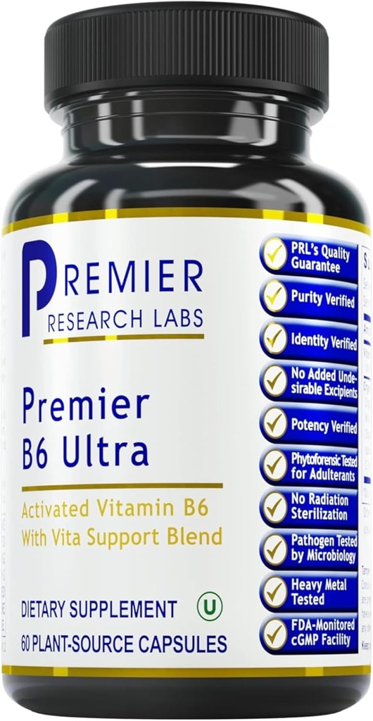 Premier Research Labs Premier B6 Ultra- P5P Vitaminas B6, piridoksalas 5 Fosfatinis B6 vitaminai, 50 mg B6 vienoje kapsulėje, aktyvi forma energijos apykaitai ir smegenų funkcijai - 60 vegetarinių kapsulių