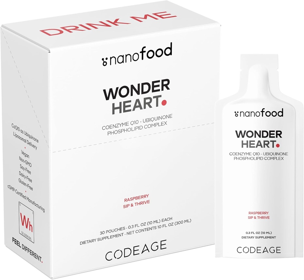 Codeage Wonder Heart Liposomal CoQ10 Liposominis Ubiquinone Priedas, Kofermentas Q10 Širdies vitaminai, Ne GMO Saulėgrąžų fosfatidilcholino Vegan Blend, Aviečių Flavored Softgel, Pakelis 30 Pouches