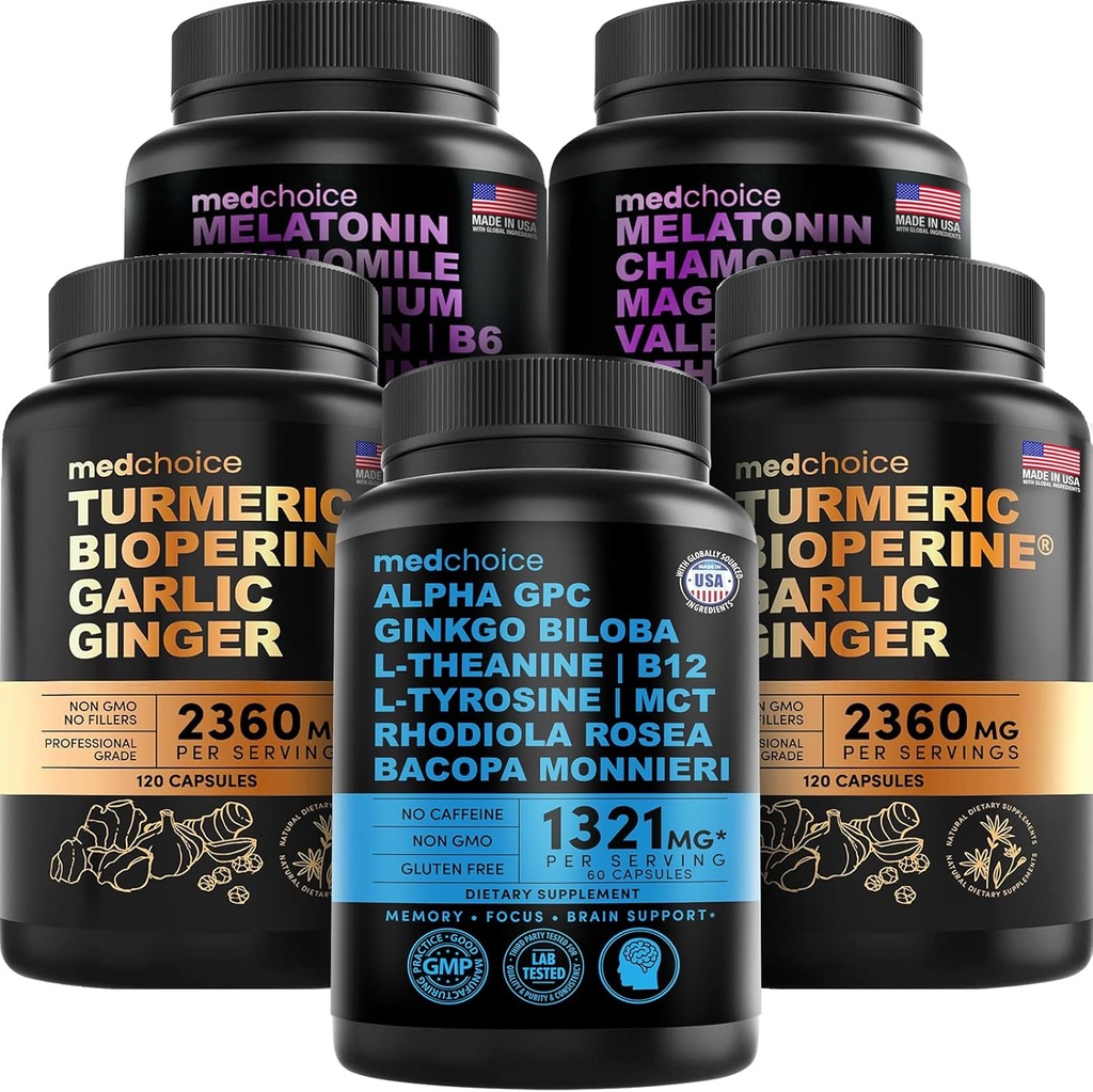 MEDCHOICE Turmeric & Ginger (240ct), Sleep Melatonin (180ct), and Nootropic Brain (60ct) Supplement Bundle - Wellness Trio for Brain, Sleep, & Immune Support - Vegan, Non-GMO, Gluten-Free