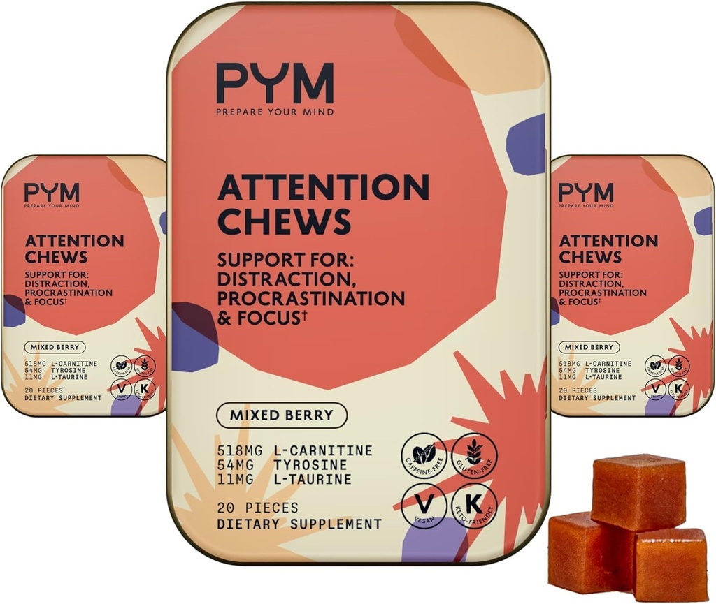 PYM Dėmesio Chews Parama Procrasation, Focus & Našumas, 60 Grafas ® 124; 518mg L- Karnitinas, 54mg Tirozinas, 11mg L- Taurinas - Caffe- Free ® 124; All- Natural Mood Boost Addition Pagaminta JAV