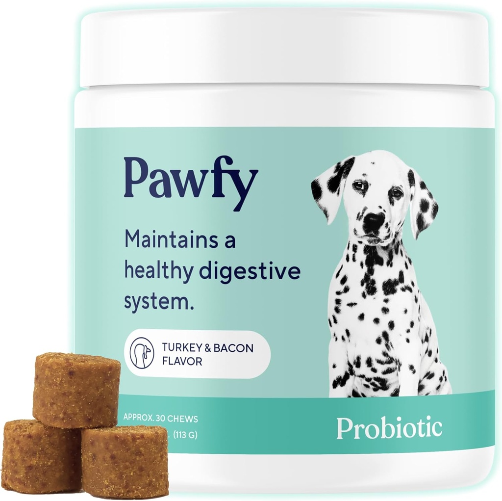 Pawfy Probiotikai šunims ® 124; Palaiko Digestic Health, Diarraja mažiems, dideliems šunims ® 124; Pagerina Gut Health ® 124; Anti Yeast papildai ® 124; Odos sveikatos sezoninis alergijos parama - 30 Chews (Bacon)