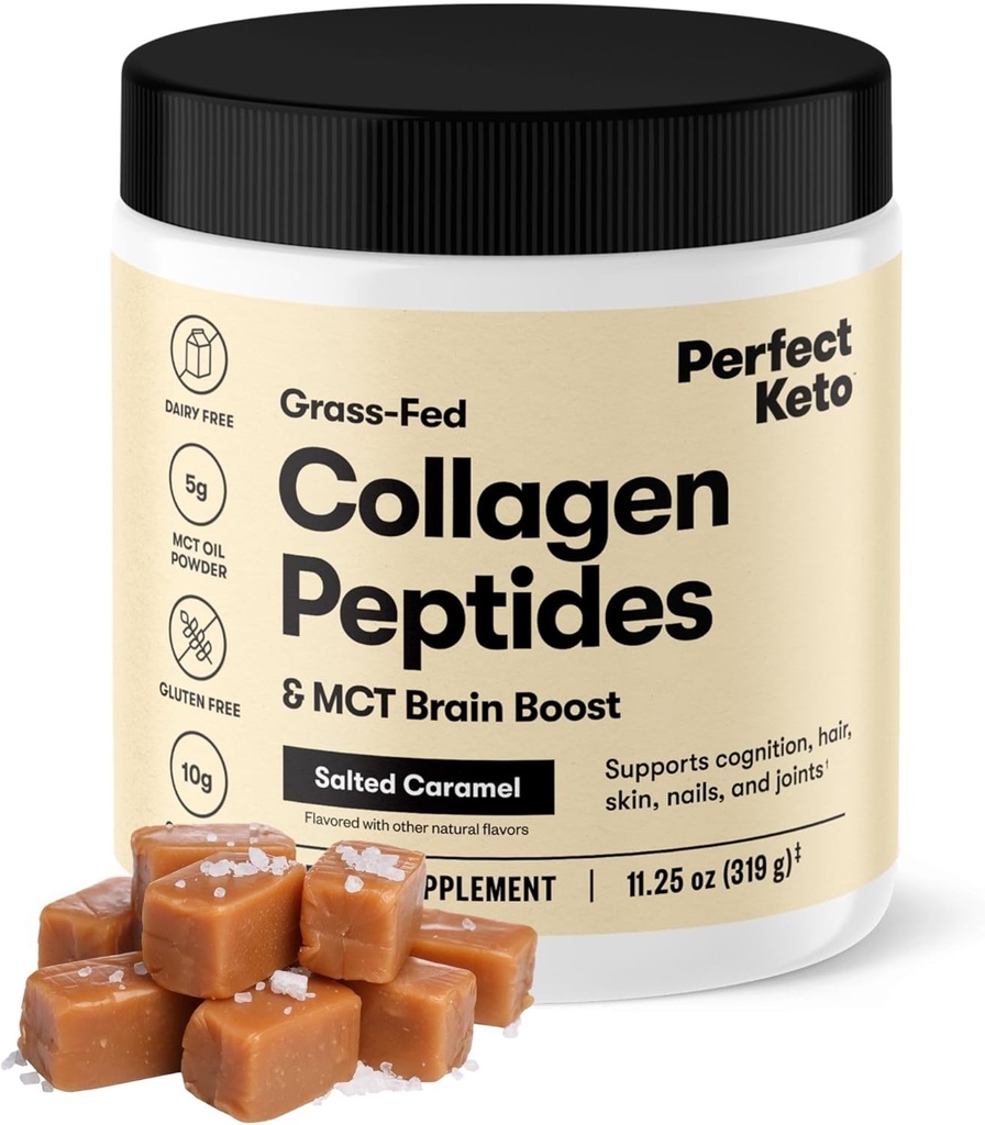Puiki Keto Collagen Peptides baltymų milteliai su MCT aliejumi, hidrolizuotas Collagen, Type I & III Addition, Gluten Free Grass Fed, Low Carb, Keto Coffee Creamer, Collagen for Women & Men, Sūdyta karamelė