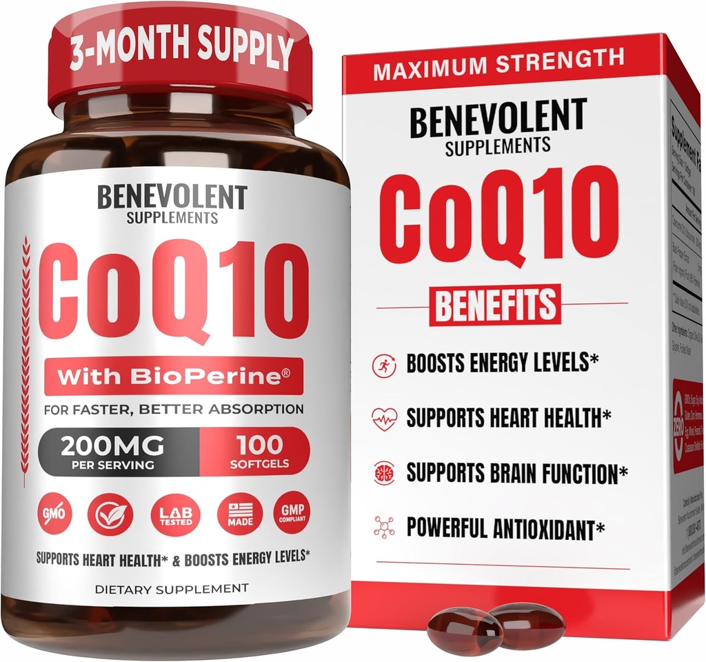Enevolent Pure CoQ10 200 mg Softgels with BioPerine ® for Max Absorption, Ubiquinone Coferment Q10 Additive for Heart Health, Energy Production, sveiki senėjimas ir antioksidantų palaikymas, 100 Softgels