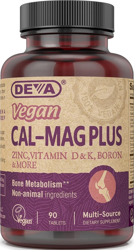 DEVA Vegan Cal MAG Plus kalcio, magnio, cinko, Boro, vitamino C, D & K, 90 tablečių, 12 - pakuotė