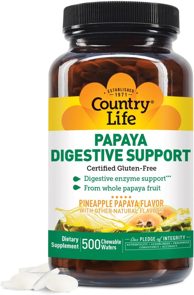Country Life Chewable Papaya Enzymes for Digestion Support - Natural Pineapple & Papaya Favor, Assists with Nutrient Absorption, Sudėtyje yra Papain & Protease - 200 ir 500 Wafers Prieinami