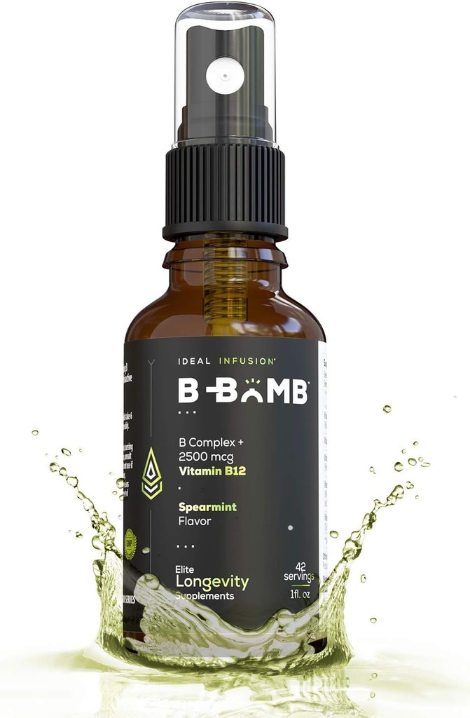Bomb Vitaminas B12 + B kompleksas Skystas Spray: Metilkobalaminas su Adenosilkobalaminu: Energijos ir nuotaikų palaikymas, Sugarinis, Veganas, Ekologiškas šaltmėčių skonio