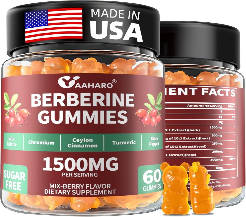 Berberinas su Ceilonas Cinnamon Gummies - 1500mg Berberino HCI papildymas chromu, turmeriu ir pieno tirštikliu - Imuninė parama moterims ir vyrams - 60 Cukraus nemokamai Gummies