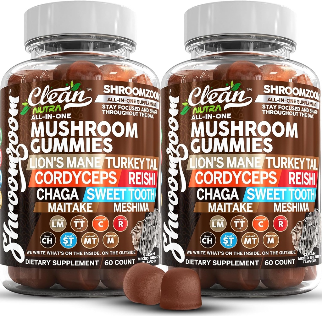 15in1 grybų gummies su Lion 's Mane Turkey Tail Cordyceps Reishi Chaga Sweet Toot Maitake Meshima Poria Cocos Shiitake Tremella, Oyster Agaricus Mushrows vyrams ir moterims priedas - 2Pack