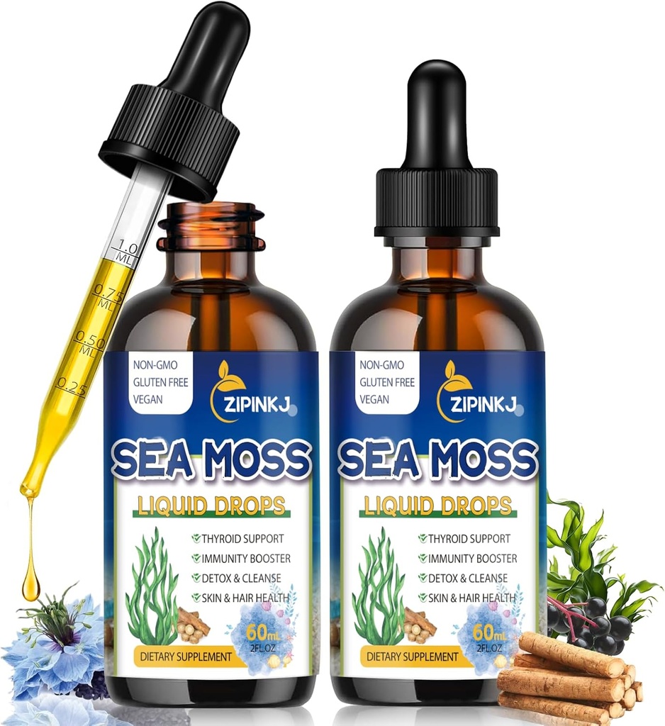 Organic Sea Moss Drops, 11 in 1 Black Seed Oil & Irish Liquid Sea Moss Gel Ashwagandha Burdock Root, Spirulina, Bladderwrack, Elderberry for Digestion, Imunitetas, Odos plaukų sveikata, Non- GMO - 4 Fl Oz