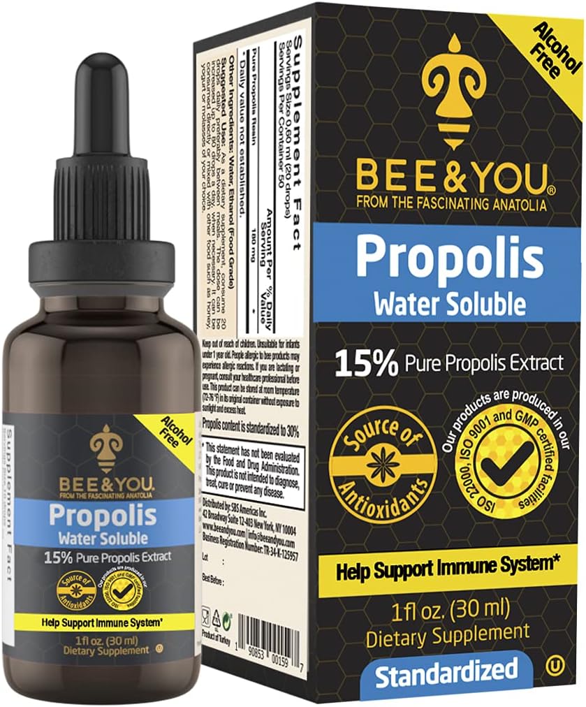 BEE and You 15% Pure Propolis vandens tirpaus ekstraktas - didelio pajėgumo - Zero Sugar - Zero Calorie - Natural Immune Support & Sore German Relief Antioksidants, Keto, Paleo, Gluten- Free, 1 Fl Oz