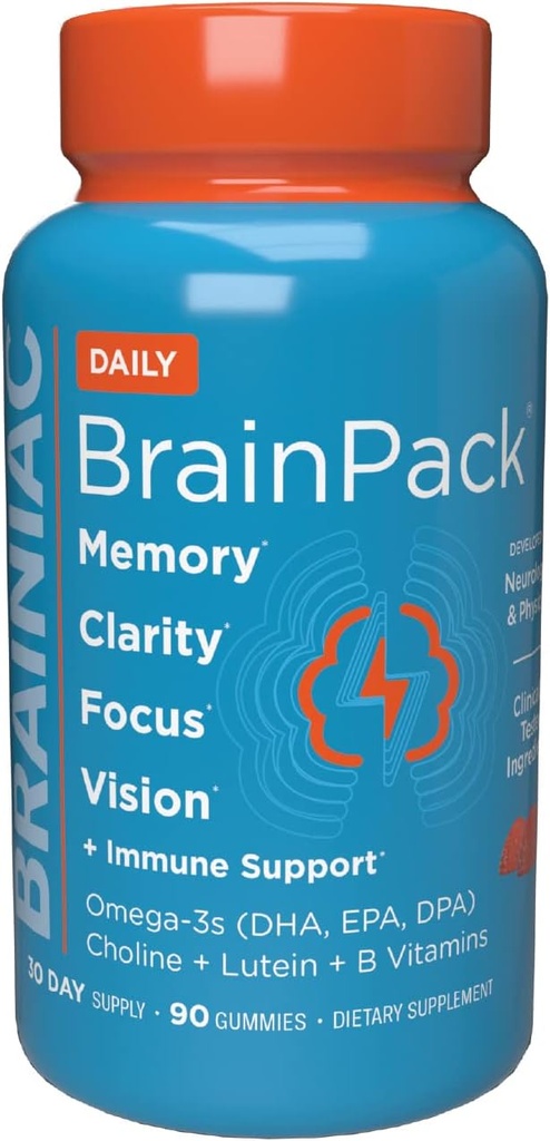 Brainiac Dienos BrainPack Gummies, Palaiko smegenų sveikatą su Omega 3 DHA EPA DPA, Cholinas, B6 & B12 ir Lutein akių sveikatai su imunine parama, Citrus Berry Schilor, 90 ct