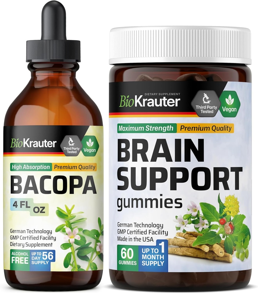 BIO KRAUTER Bacopa Tincture 4 Fl. Oz. & smegenų palaikymo 60 Gummies