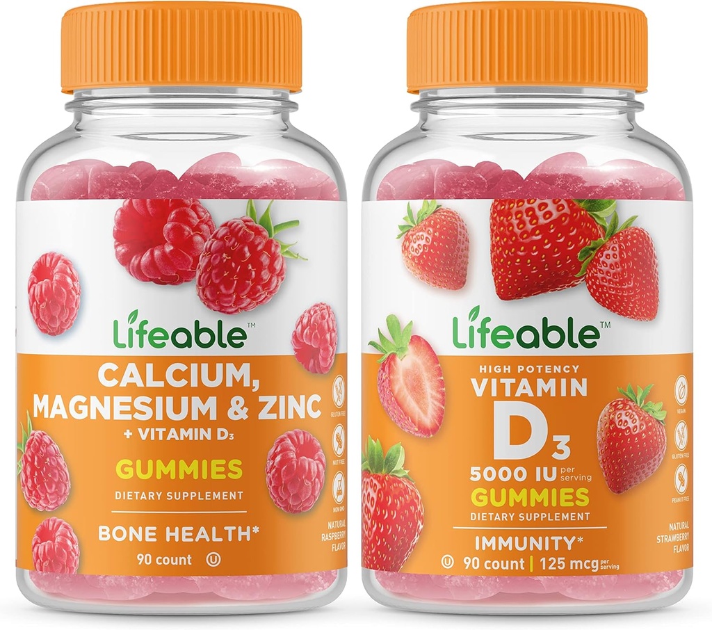 Lifeable Calcium, Magnesium, Zinc & Vitamin D + Vitamin D 5000 IU, Gummies Bundle - Great Tasting, Vitamin Supplement, Gluten Free, GMO Free, Chewable