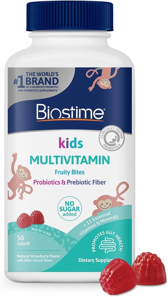 Biostime Kids Multivitaminas Gummies with Probiotics & 11 Eteriniai vitaminai (Ages 4 +) ţ124; Multivitaminas vaikams ® 124; Nėra pridėtų cukraus vaisių Bites ® 124; Be Top 9 Allergens ® 124; 50 Count