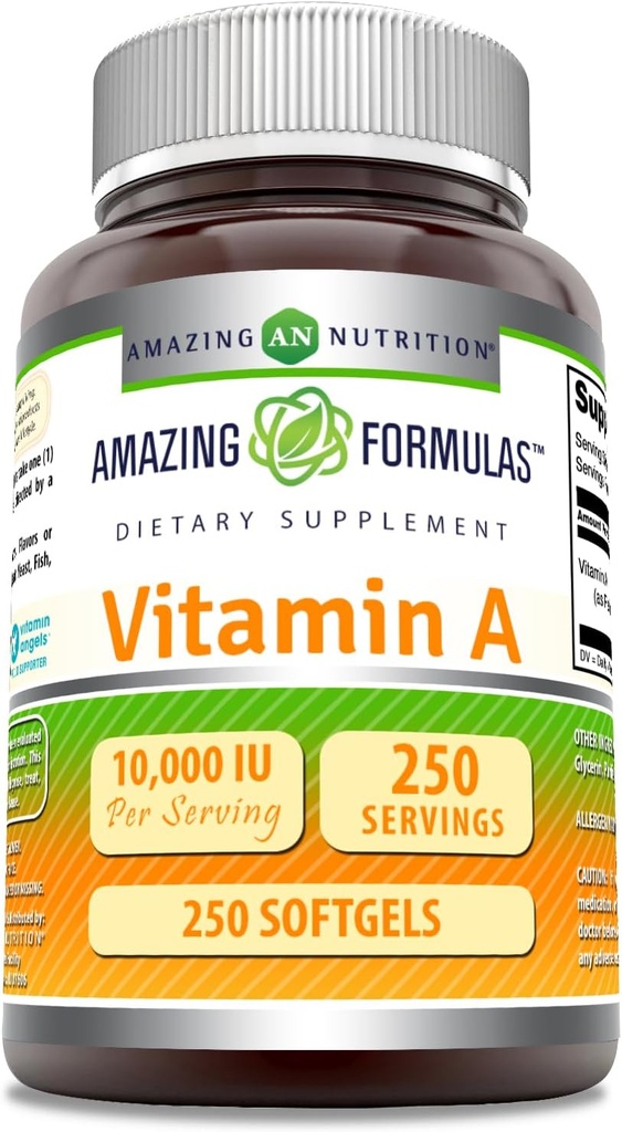 Amazonės formulės Vitaminas A 10000 IU Priedai - 124; Retinil Palmitate - 124; 3000 Mcg - 124; Softgels - 124; Non- GMO - 124; Gluten - Nemokamas 124; Pagaminta JAV (1 rinkinys, 250 grafas)