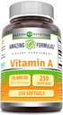 Amazonės formulės Vitaminas A 10000 IU Priedai - 124; Retinil Palmitate - 124; 3000 Mcg - 124; Softgels - 124; Non- GMO - 124; Gluten - Nemokamas 124; Pagaminta JAV (1 rinkinys, 250 grafas)