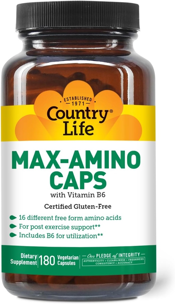 Country Life Maxi- Amino su 16 Nemokama forma amino rūgštys, 180 Vegetariškas kapsulės, Sertifikuotas Gluten Free, Sertifikuotas vegetariškas