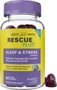 Bach RESCUE PLUS Miego & Streso palaikymas Gummies, Naktinis mitybos priedas su 1 mg melatonino, Ashwagandha, ramunėliai, levender & Vitaminas B6, Natūralus mėlynių skonio, Vegan & Gluten- Free, 60 Count