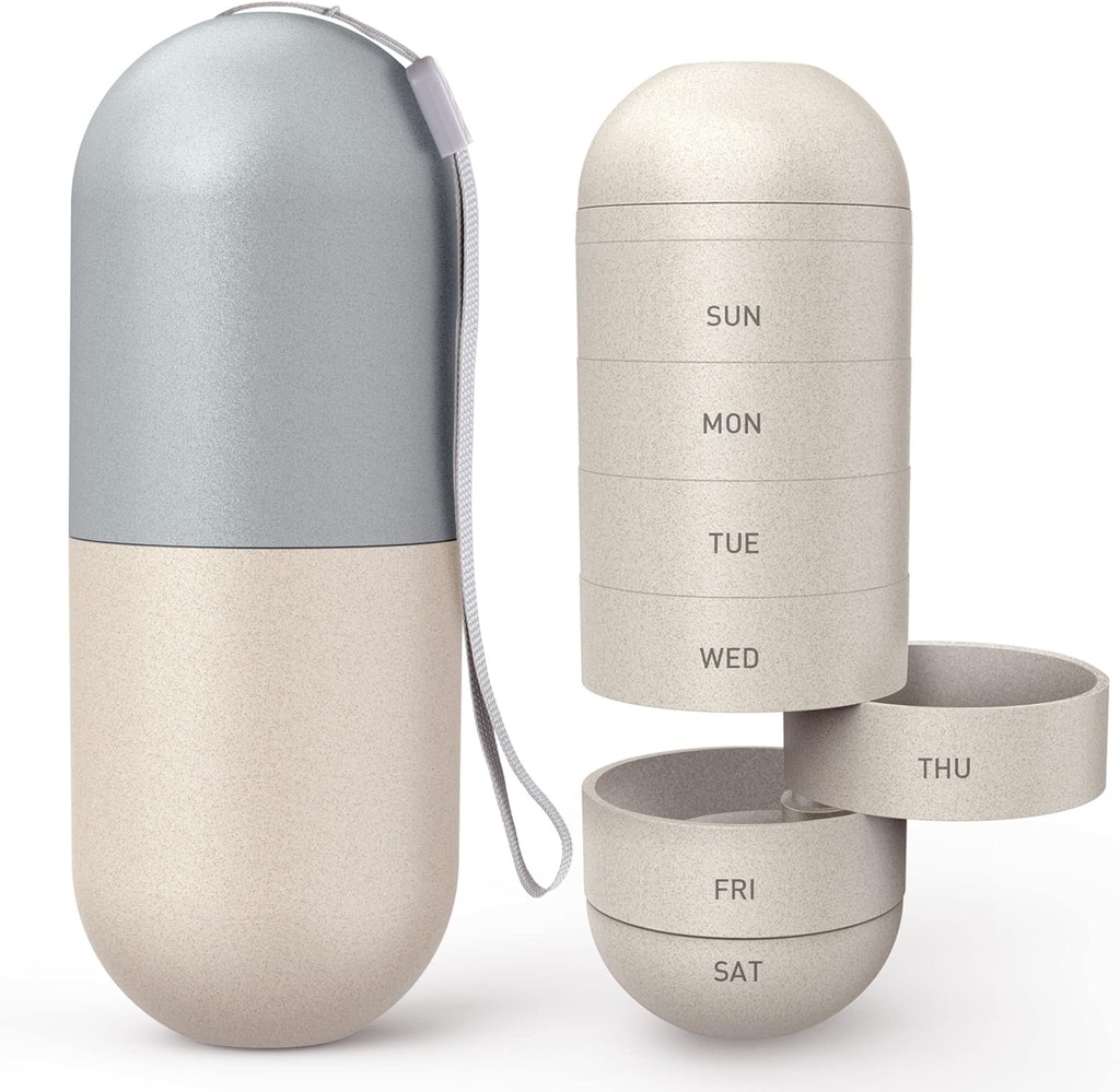 Zannaki Upgrade Large Compartment Grain Fiber Moisture Proof Cute Weekly Pill Organizer, Laser Carving Markings, BPA Free Travel Hiking 7 Day Pill Box Case to Hold Pills,Vitamins,Fish Oil,Supplements