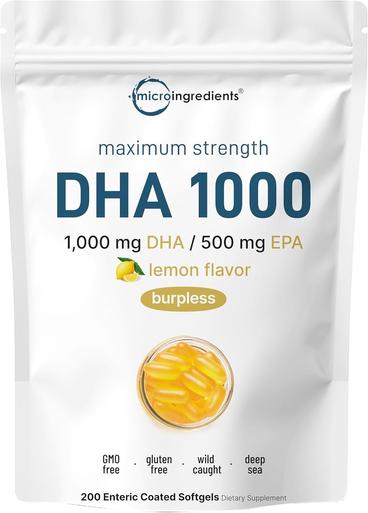 Omega 3 Žuvų taukų DHA papildai 1000mg su EPA 500mg, 200 Softgels - Lemon Flavored, Burpless (Enteric Coated),