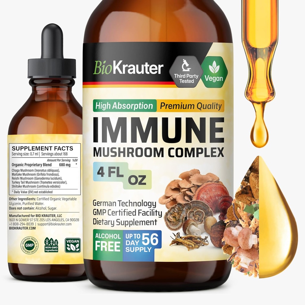 BIO KRAUTER Immunal Support Mushroom Addition - Lions Mane, Shiitake, Turkey Tail, Reishi, Chaga & Maitake Liquid Extract - Mushroom Complex Tincture - Vegan Drops 4 Fl.Oz.