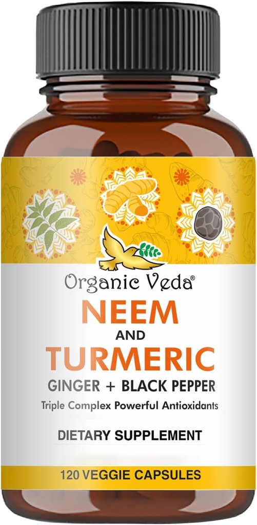 Organinis Veda Neem & Turmeric Capsules su imbiero ir juodųjų pipirų - Neem Leaf, Turmeric, Ginger, Black Peper Kapsulės priedas - Vegan, Non- GMO - 120 Count