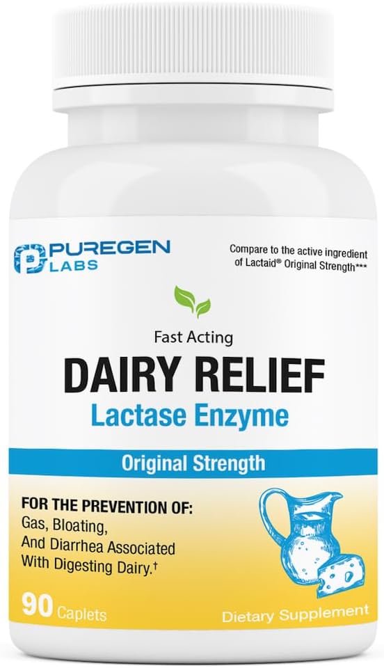 Puregen Labs Dairy Relief Natural Fast Active Lactase Ferzyme 3000 FCC, Laktozės netoleravimas piliulės 90 kapsulės
