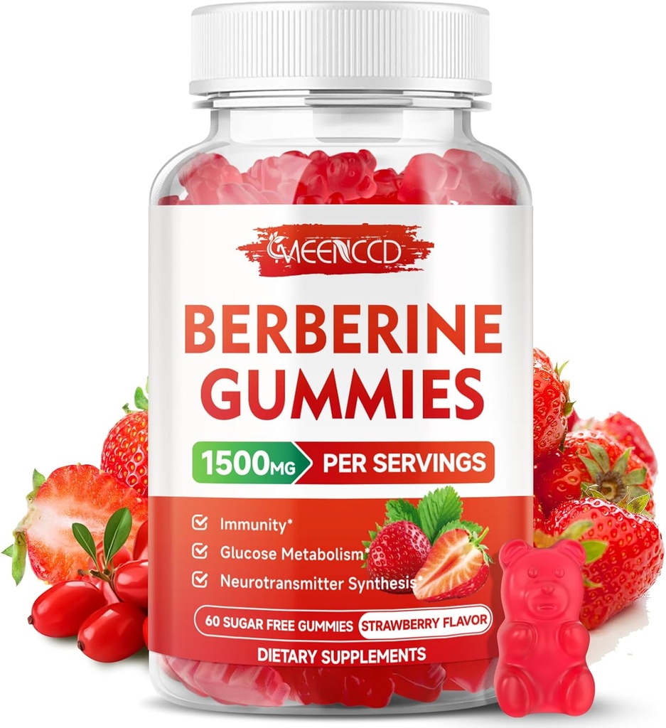 Berberine Gummies su Ceilonas Cinnamon 1500 mg Aukšto stiprumo Berberine HCL priedas imuninei paramai, be cukraus, bekamanas, braškių skonio, 60 Count