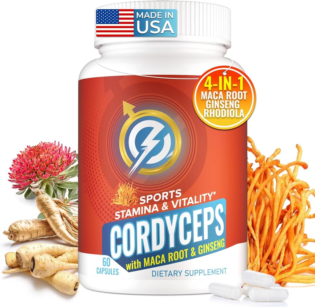 Cordyceps Mushroom Capsules - Immune & Energy Support Additional with Cordyceps Militaris, Maca Root, Ginseng, Rhodiola, Mushroom Additive for Endurance, Stamina, Athletic Performance, 60 Capsules