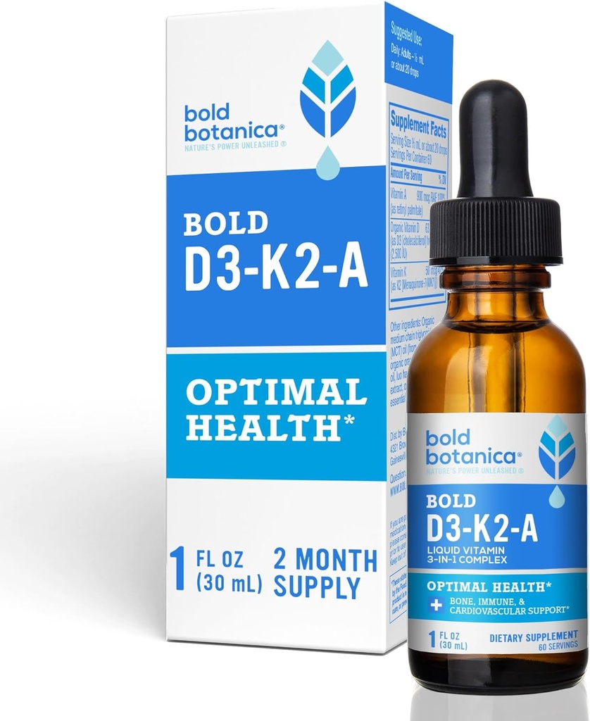Bold Botanica D3-K2-A, skysto vitamino kompleksas, Vegan D3 iš organinių algų su vitaminu K2 (MK7) ir A už imuninę paramą, Natūralus apelsinų skonio, Deguto Skanus, 1 FL OZ. (30ml)