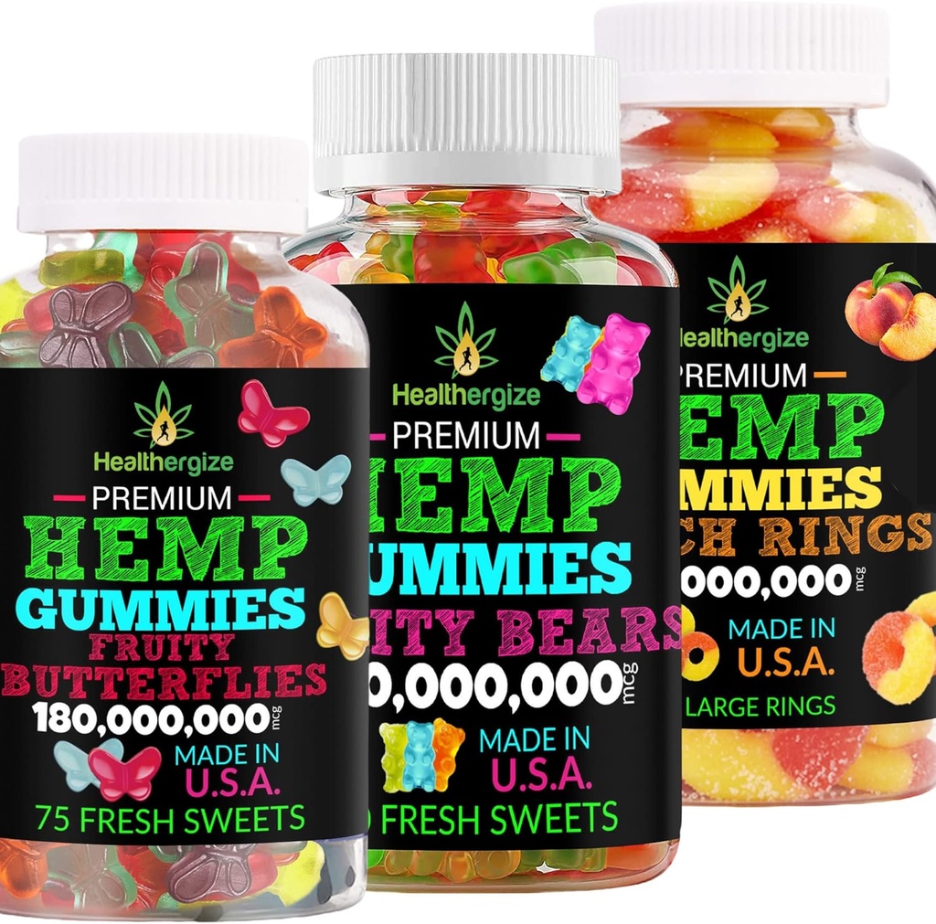 3PACK Hemp Gummies Premium-Hempoil Gummy Bears, Vaisių drugeliai ir šviežių Peach Rings- už miego, ramybė, atsipalaiduoti, Raumenys, Atgal, diskomfortas, Inflamnation- Natūralus Parti- Pagaminta JAV