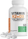Bronsonas Vitaminas K2 D3 (MK7) Priedas Non- GMO Formulė Vitaminas D3 5000TV (125 mikrogramai) & 90 µg K2 MK- 7, Lengva nuryti D & K kompleksas, 60 kapsulės
