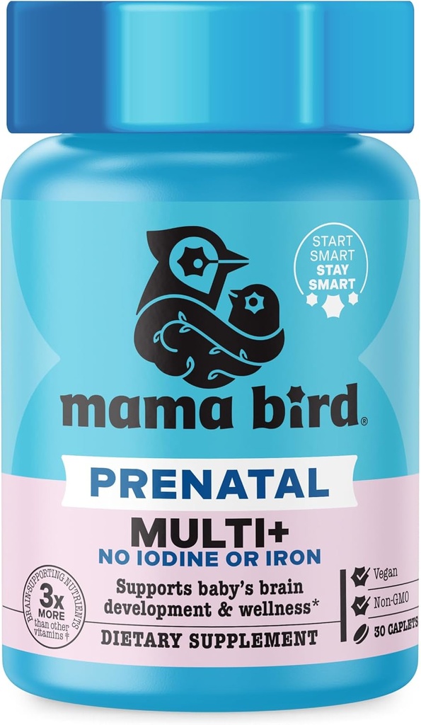 Geriausias Nest Wellness Mama Bird Prenatal Multi Plus Jodine & Iron Free - Prenatal Vitaminas smegenų & Digiminė Sveikata - Vegan Multivitaminas su metilfolatu, Probiotikai & Daugiau - 30 Caplets