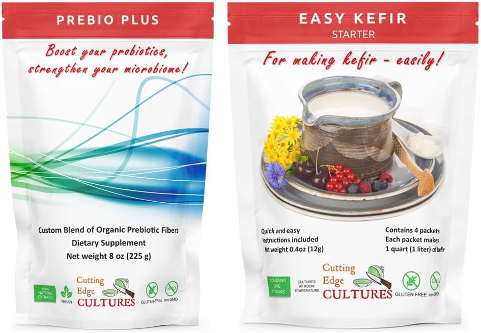 Pjovimo briaunos kultūros PrenBio Plus + Kefyro Starter Culture Prenbiotic Fiber Mill Best Custom Blend of Organic Prebiotic Fibers Dieta papildas (1 Prenbio Plus + 1 Kefyro 20g)