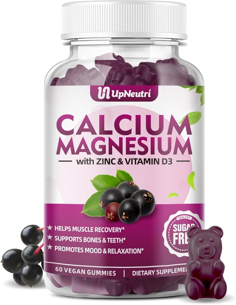 Kalcio magnio cinkas su vitaminu D3 papildas, Cukraus nemokamai kalcio gummies moterims vyrams, High Absorption Cinko gummies Kaulų ir raumenų ir imuninės sveikatos, Vegan Elderberry skonis - 60 Count