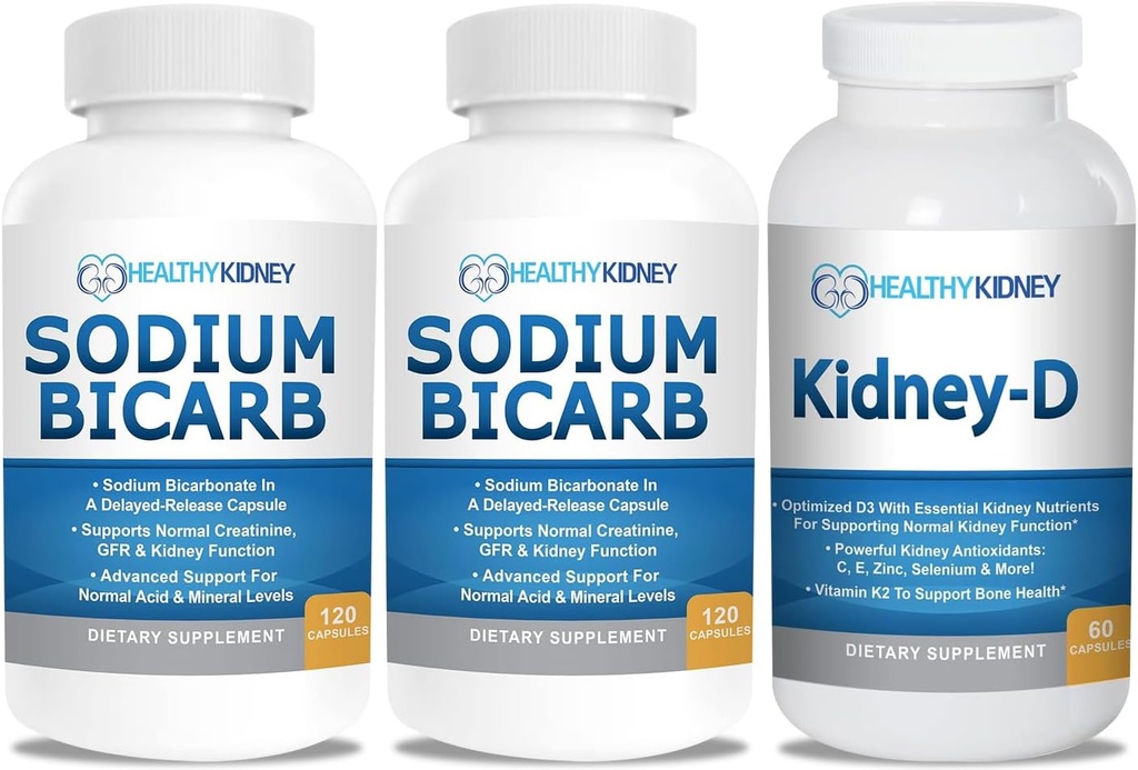 Sodium Bicarbonate 650mg Capsules for Acid Relief, Alkalinity 120 Pills 2-Pack + Kidney-D Kidney Supplement. Vitamin D Optimized for Kidney Support.